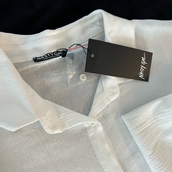 Nastygal white  long sleeve button down tie front crop top - Picture 7 of 8